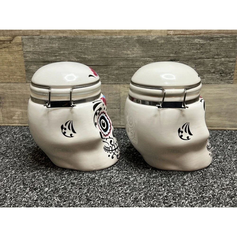 Day of the Dead Sugar Skull Ceramic Skull Ceramic Hinged Canister Cookie Jar Set